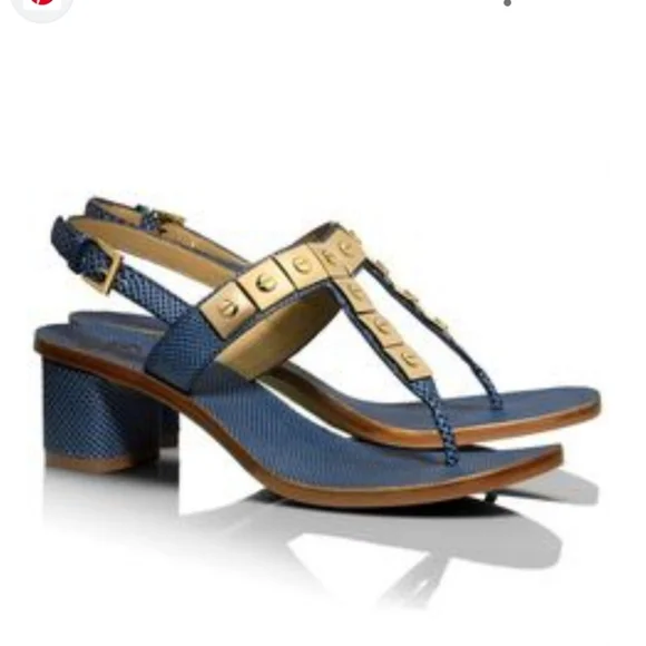 Tory Burch Navy Snake Print Leather Studded T-strap Block Heel Sandals, 10.5 - Picture 1 of 15